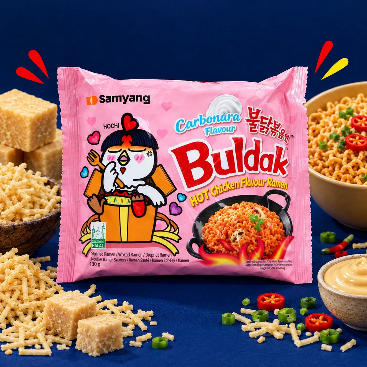 Samyang Buldak Carbonara ramen 130g pack with HALAL logo