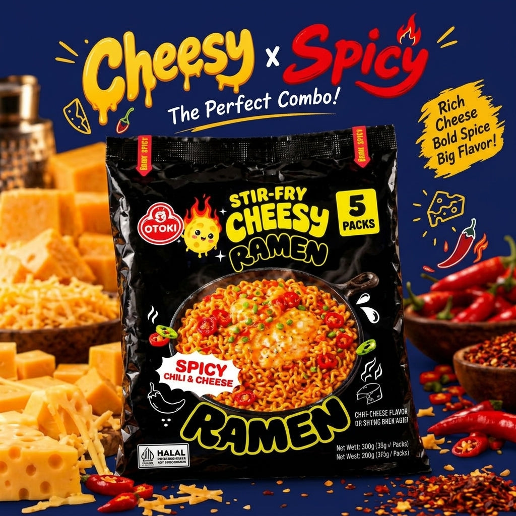 OTOKI Stir-Fry Cheesy Spicy Chili and Cheddar Ramen pack of 5, 120g each